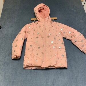Swiss Tech Puffer Jacket Girls Large 10/12 Pink Stars Sequins Full Zip Hooded
